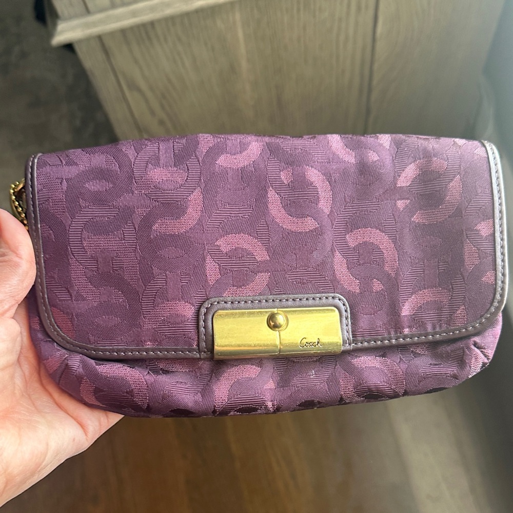 Coach Plum Signature Jacquard Wristlet with Gold-Tone Clasp